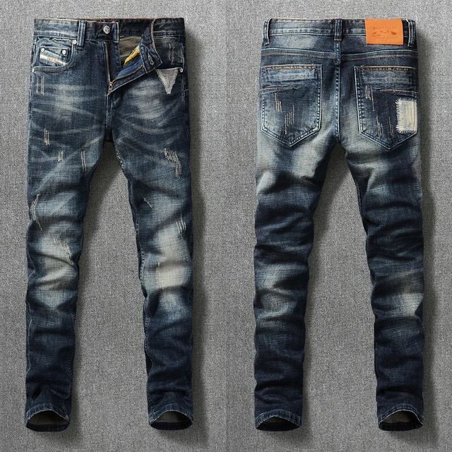 Italian Style Fashion Men Jeans Retro Dark Blue Slim Fit Ripped Jeans For Men Vintage Designer Patches Cotton Denim Long Pants Retro Dark Blue