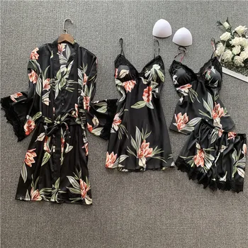 

Ladies Pajamas 4pcs sets Printing Satin Nightgown Elegant Pyjama with Chest Pads Homewear Conjunto de pijamas