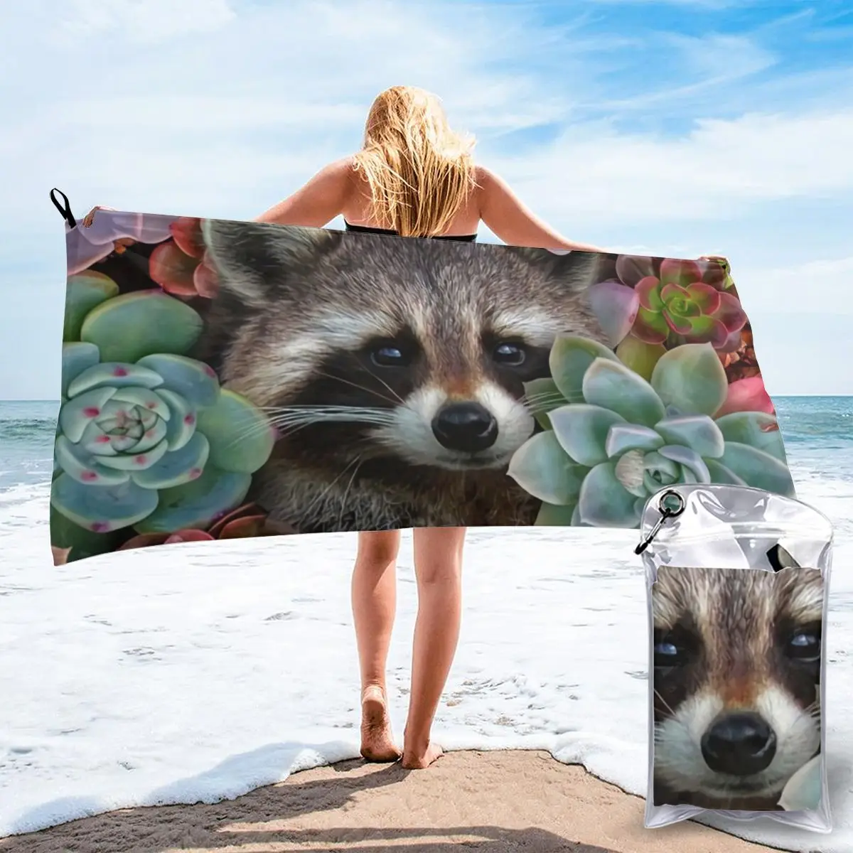 

Bathing Towel Cute Raccoon In Succulents Bath Wearable Towel Dress Fast Drying Beach Spa Magical Nightwear Sleeping