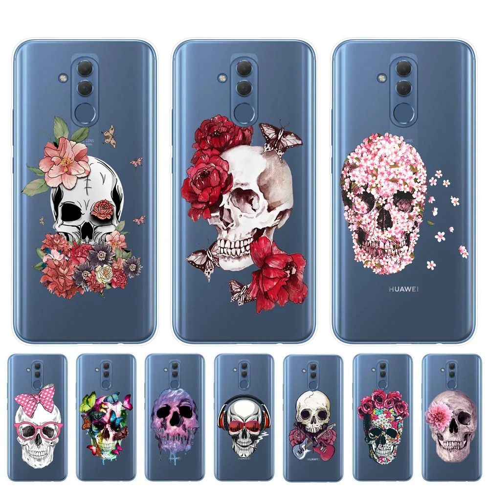 

Retro Skulls With Roses Pattern Soft silicone Phone Case For Huawei P20 P30 Mate 10 20 Lite Pro Back Cover Flower Cases Coque