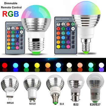 

RGB LED Light Bulb Lamp E14 E27 B22 GU10 MR16 3W Color ChangeSpot LED Lamp Bulb Dimmable Magic Bulbs + IR Remote Control D40