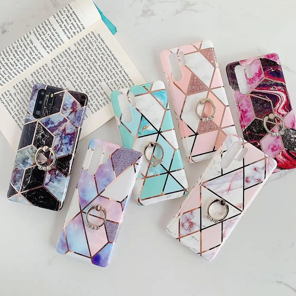 

marble tpu case for huawei mate 30 20 pro P30 P20 pro lite fashion plating grid glitter ring holder soft silicone phone bag cap