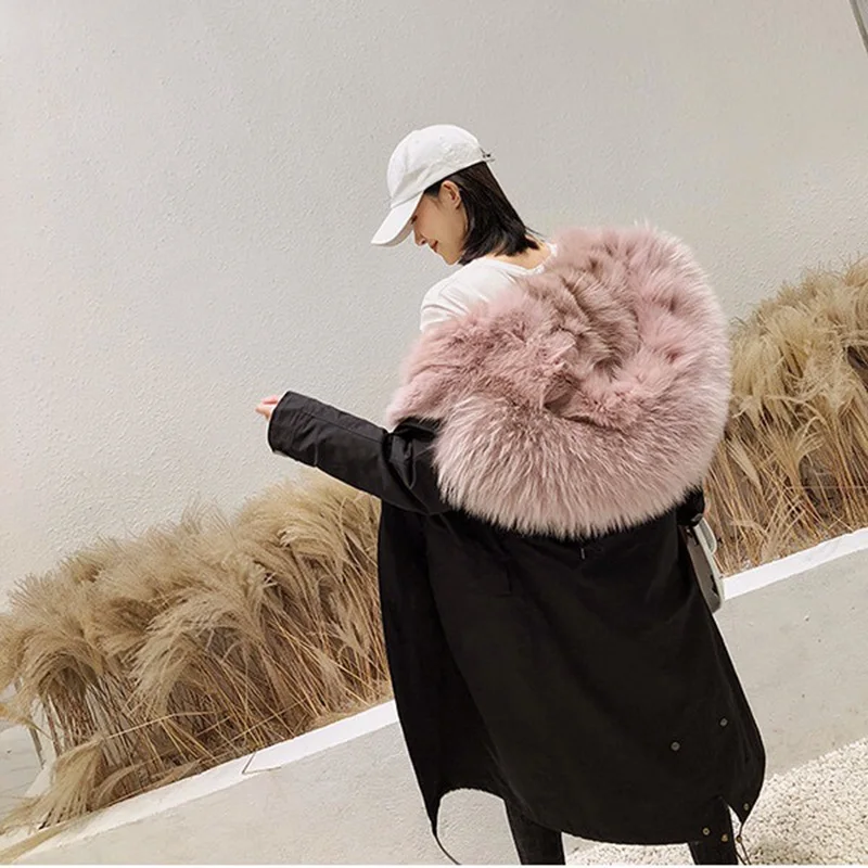 Зимнее женское теплое пальто, длинное модное пальто с натуральным лисьим мехом, парка, куртки с натуральным мехом енота, пальто с большим воротником из натурального меха