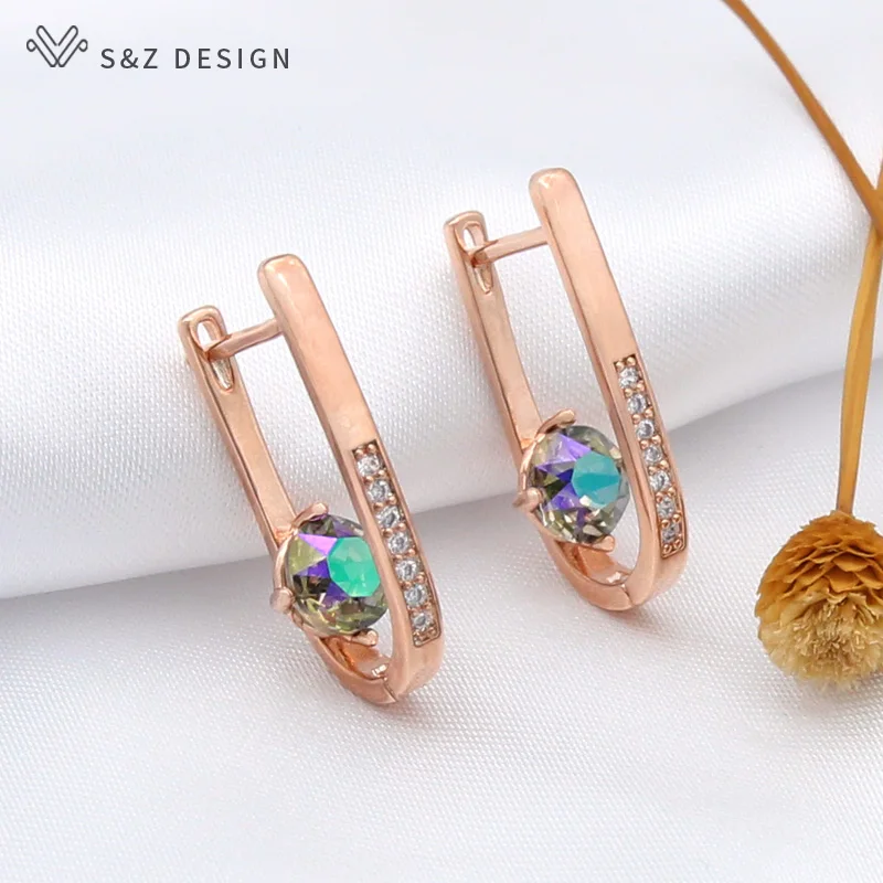 S&Z DESIGN New Trendy 585 Rose Gold Color Cubic Zirconia Crystal Dangle Earrings For Women Girl Wedding Party Jewelry Gift