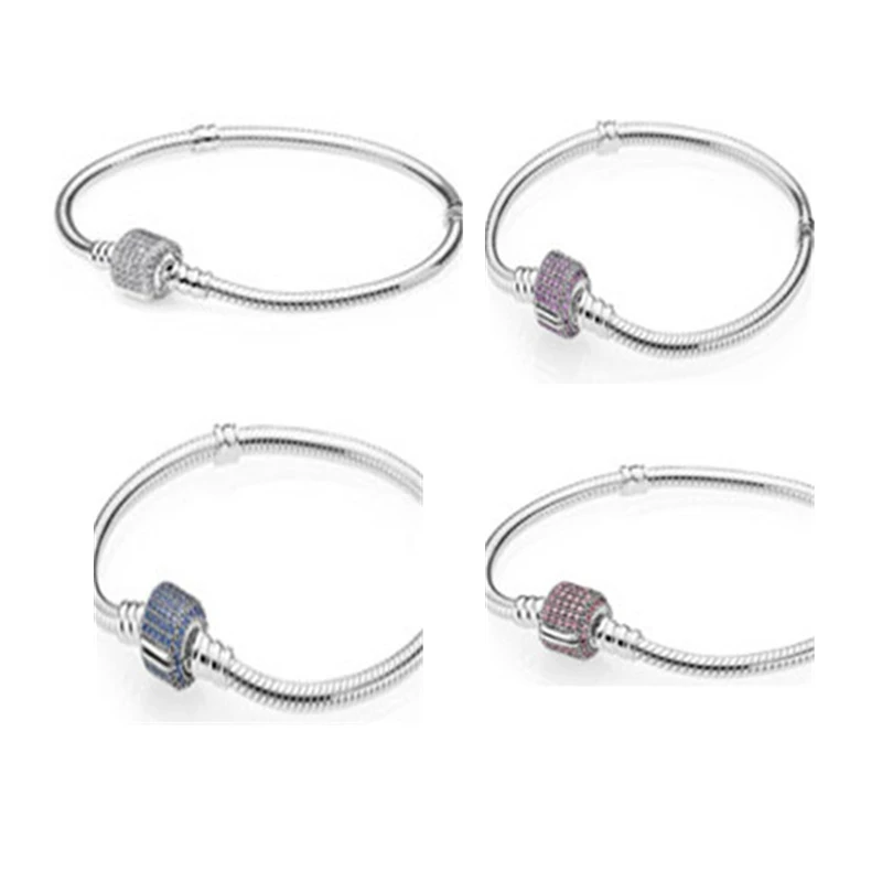 Фирменный браслет с застежкой Искрящийся фиолетовый розовый прозрачный CZ 925 Серебряный браслет для DIY женские модные браслеты для изготовления ювелирных изделий
