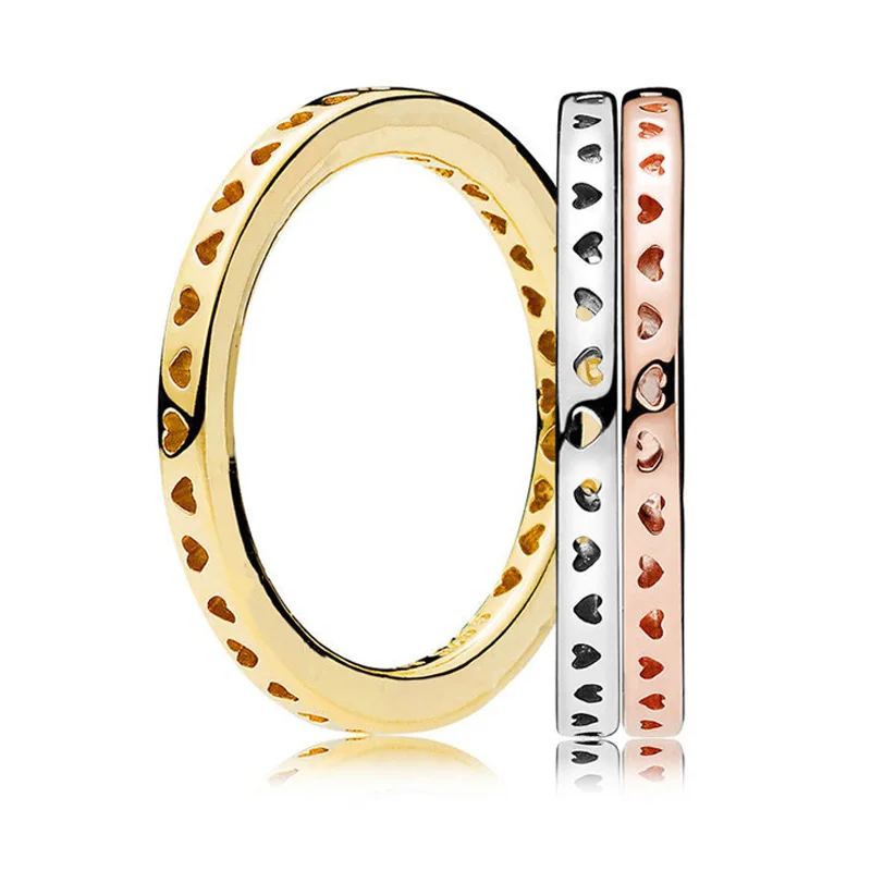 

Pans Signature Mixed Metals Ring Stack 925 Sterling Silver Original For Women Wedding Party Fine DIY Jewelry Birthday Gift