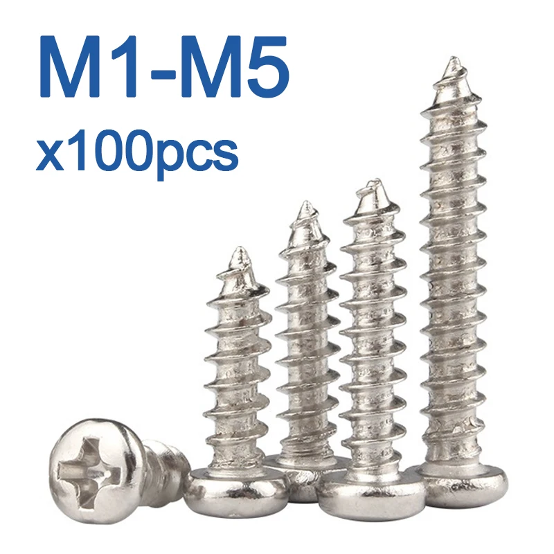 100pcs/Lot Nickel-Plated Carbon Steel Cross Recessed Round Head  Self-Tapping Screw M1 M1.2 M1.4 M1.7 M2 M3 M4 M5