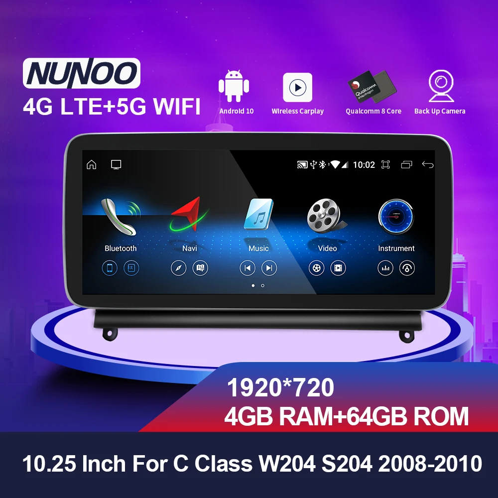 Nunoo 10.25 Inch Android 10 4GB 64GB Multimedia Car DVD Player For Mercedes Benz W204 S204 C Class NTG4.0 Auto GPS Navigator | Автомобили