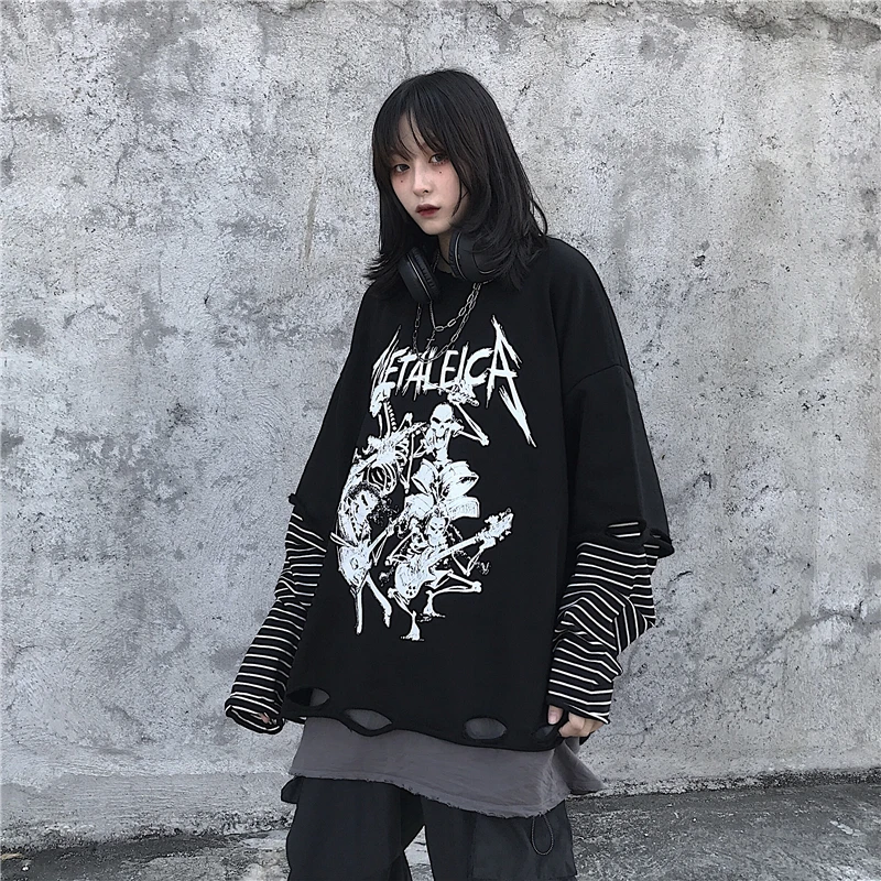 Woherb Harajuku Толстовка Женский черный Поддельные 2 шт. толстовки полосатый череп печати панк свободные женские рваные пуловеры Топы