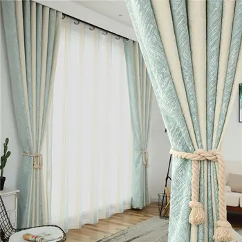 

Striped Nordic Style Blue-green Curtains for Living Room Shade Chenille Thickened Warmth and Cold-proof Curtains
