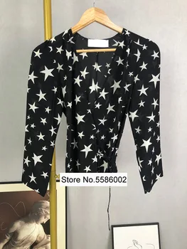 

Women Stylish Silk 100% Pentagram Print Long Sleeve Wrap V Neck Casual Top Shirt With Self Tie Drawstring