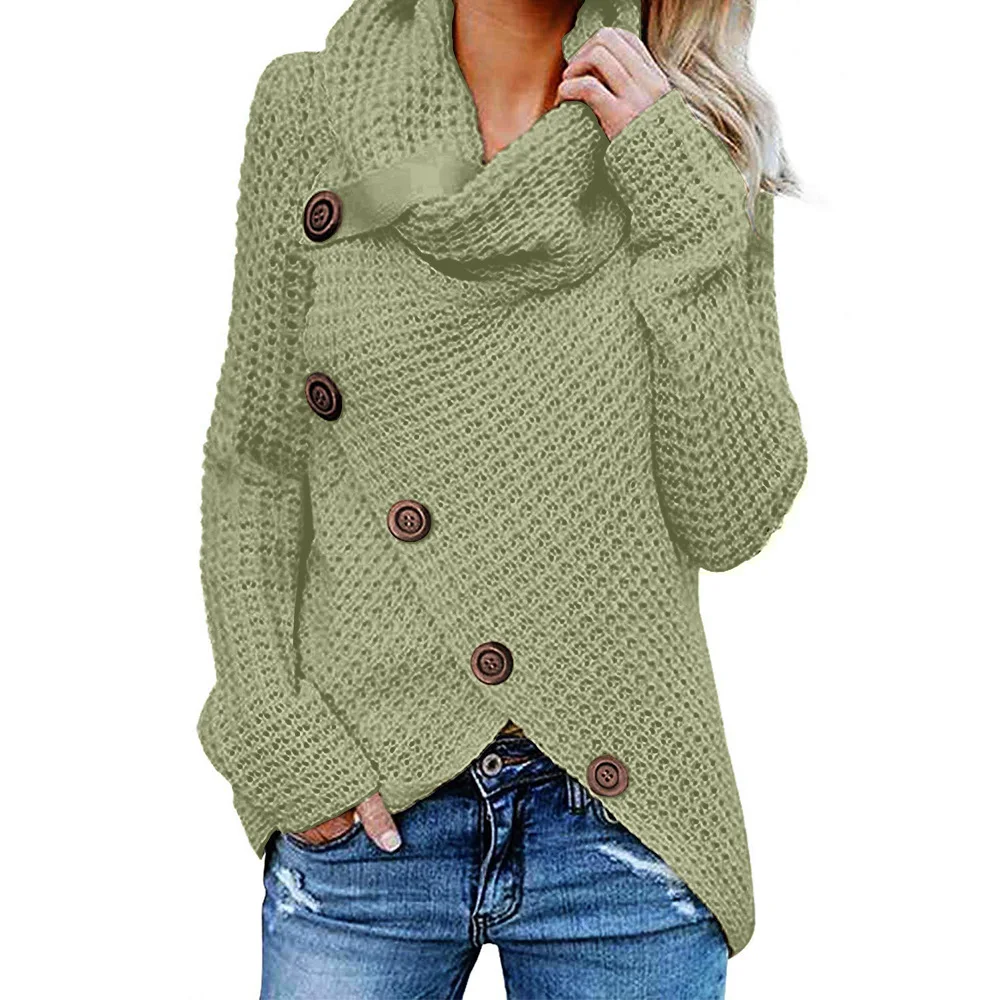 

Long-sleeved Knitted Sweaters with High Necks, Pure Irregular Colours, Buttons, Long-sleeved Blouses for Autumn and Winter Women