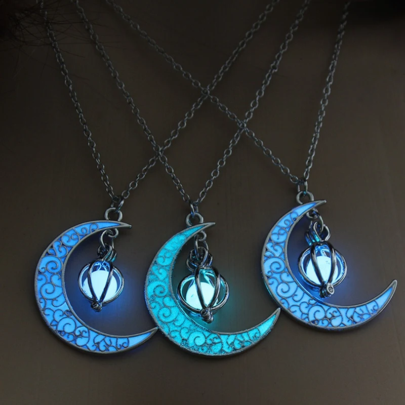 2022 Silver Plated Women Halloween Pendant Moon Glowing Necklace Gem Charm Jewelry Hollow Luminous Stone Gifts | Украшения и