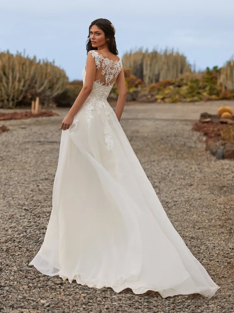 tea length wedding dress Bohemian Simple A Line Wedding Dresses 2021 V Neck Sleeveless Lace Applique Sweep Train For Women Weeding Gowns Sashes Custom second hand wedding dresses