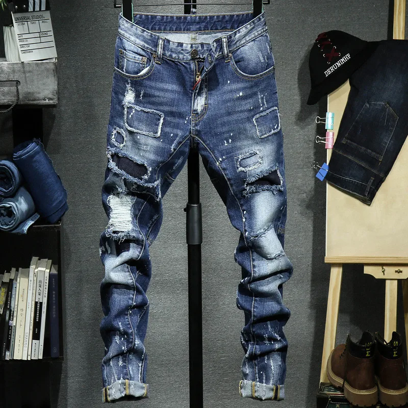 

New Business Men's Straight Men's Jeans High Waist Loose Stretch Jeans MALE Trousers Fashion Hole stripe Pants