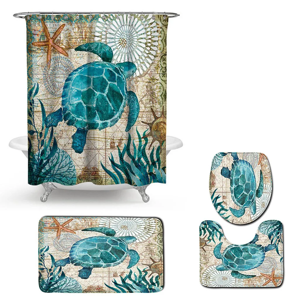 

4 Pcs Sea Animals Style Pattern Non Slip Toilet Polyester Cover Mat Set Bath Rug Mat Set Bathroom Accessories Shower Curtain Set