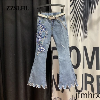 

Flower Jeans Woman Diamond Beaded Jeans Women's 2020 Spring New High-Waist Village Burrs Ripped Denim Jean Pants