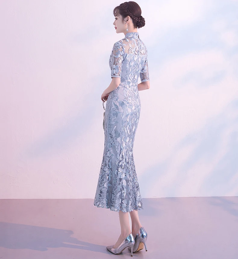 Кружевное китайское свадебное платье Cheongsam серого и синего цвета, женское тонкое китайское традиционное платье с коротким рукавом vestido chines, женское платье Qipao