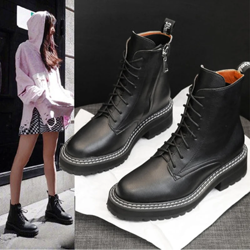 Price 2019 New Fall Winter Boots Women Black Leather Motorcycle Cowboy Platform Boots Punk Combat Ankle Boots Women Shoes