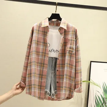 

Autumn Plaid Print Women's Woolen Shirts Long Sleeve Turn-Down Collar Single Braested Pocket Female Coat Warm Casual Lady Shirt