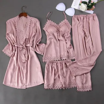 

Nightwear Sleep Set Satin Women Sleepwear 4PCS Pajamas Casual Kimono Bathrobe Gown Intimate Lingerie Silky Loose Home Clothing