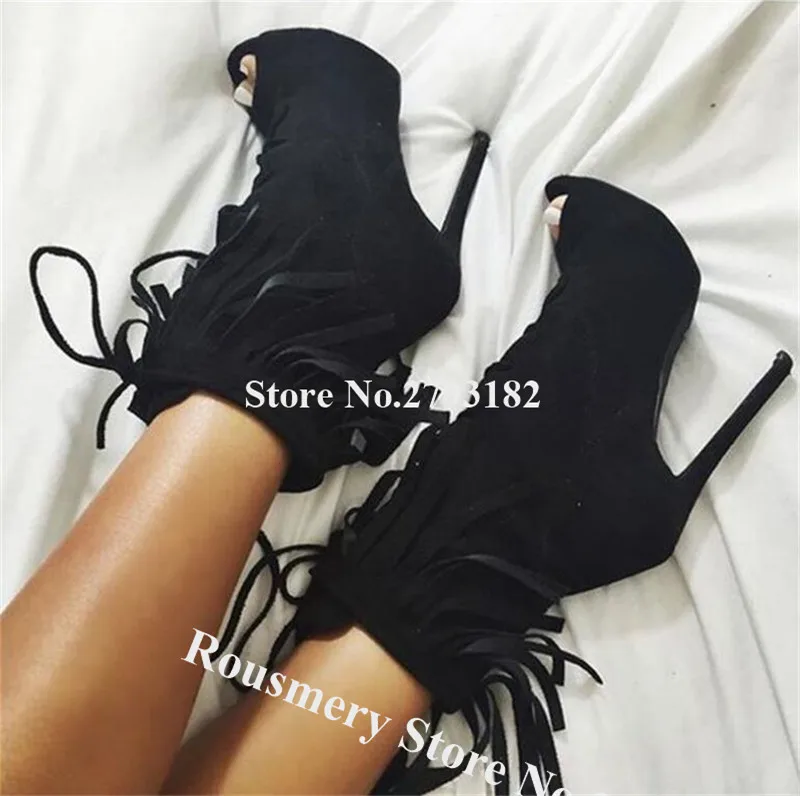 

Charming Women Suede Leather Peep Toe Stiletto Heel Tassels Short Gladiator Boots Lace-up Army Green Black Fringes Ankle Booties