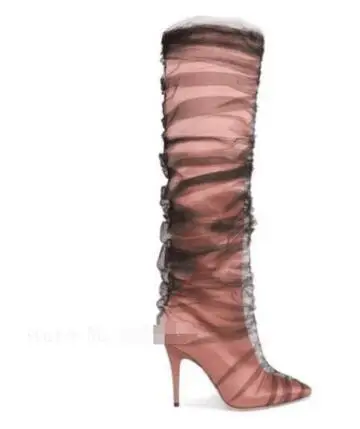 Женские кожаные ботинки; сапоги до колена; женские ботинки на тонком высоком каблуке; обувь с острым носком для подиума; ботинки; размеры 45-42