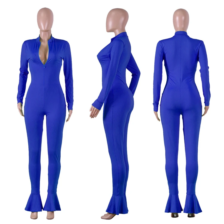 A110548 cheap apparel solid color zipper long sleeve ruffle feet hem Jumpsuit Clothing Woman Clothes