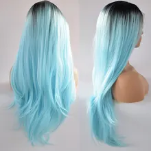 Черный корень Омбре Небесно-Голубой натуральный прямой ручная вязка синтетический парик на кружеве термостойкие волокна волос средний пробор для женщин