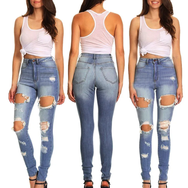 

Europe And America Buttock Lifting with Holes Jeans Women's Pants Washing womens clothing street style ripped jeans for women