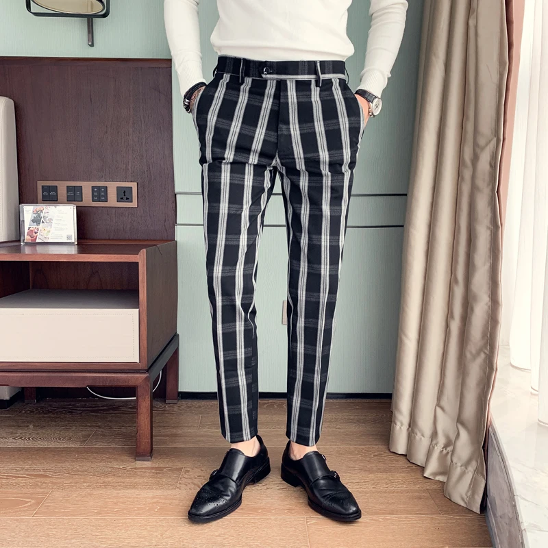 Осень и зима стиль мужской корейской версии самосовершенствование ноги клетчатые повседневные брюки тренд полосатый Trousers28-36