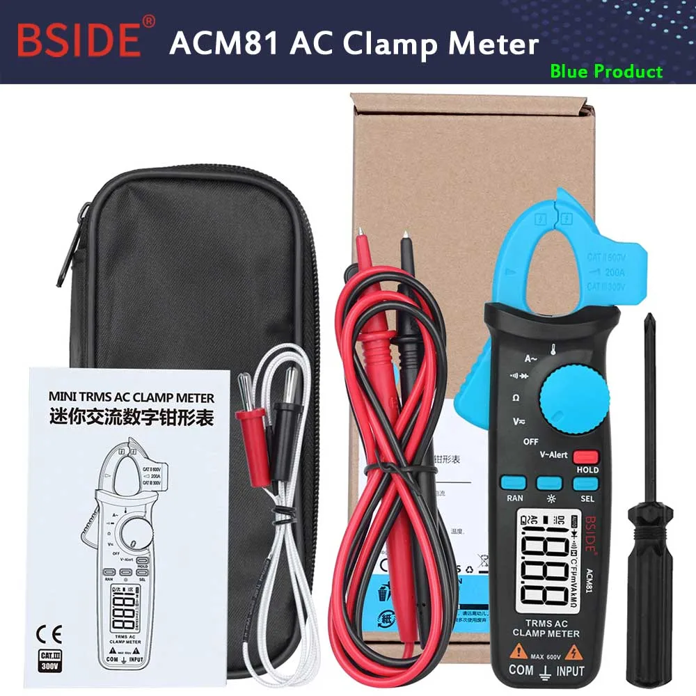 BSIDE ACM81 Токоизмерительные клещи, точность 1 мА, автоматический цифровой мультиметр, ток, постоянный ток, переменное напряжение, Диод NCV, тестер температуры - Цвет: ACM81-Blue