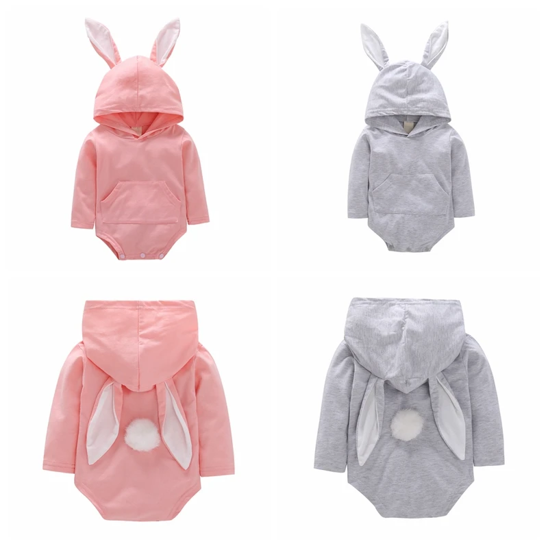 

Newborn Bodysuit Hodded Solid Cotton Rabbit Ears Romper Body Baby Girl Clothes Fashion Spring Autumn Infant Pink Gray Jumpsuits