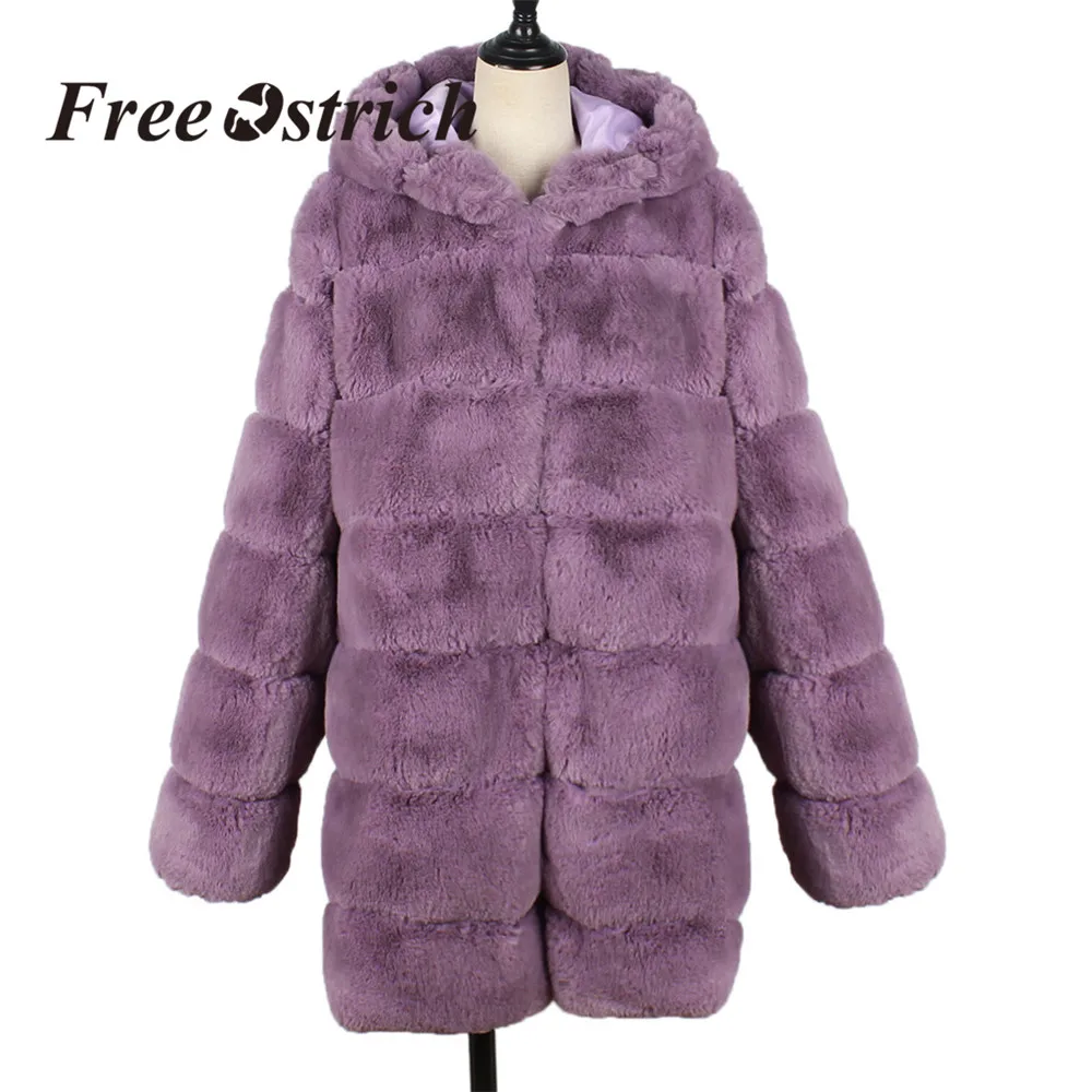 Кардиган из страуса, Женское зимнее теплое пальто из искусственного меха, куртка, парка, верхняя одежда с капюшоном, свободные пальто и куртки для женщин - Цвет: Фиолетовый