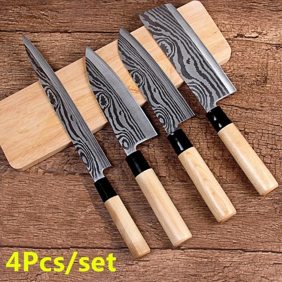 

4Pcs/set Stainless Steel Kitchen Knife Set Sashimi Knife Chef Knife Meat Cleaver Slicing Tools Sushi Fillet Knife Set