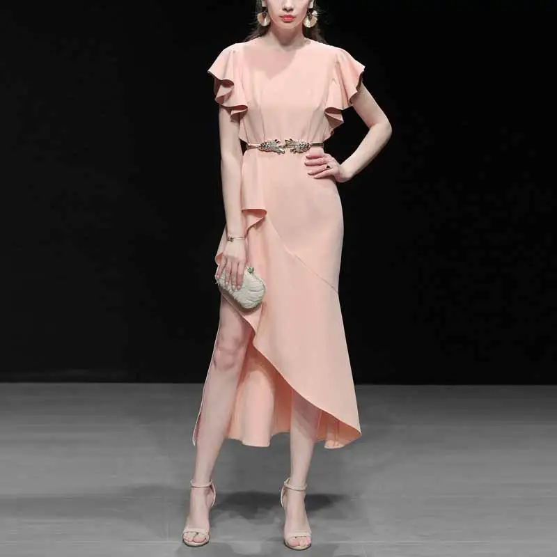 Ruffled Slim Women Long Dress Elegant IIrregular OL Long Evening Party Dress Sash Female Office Lady Bodycon Dress Vestidos