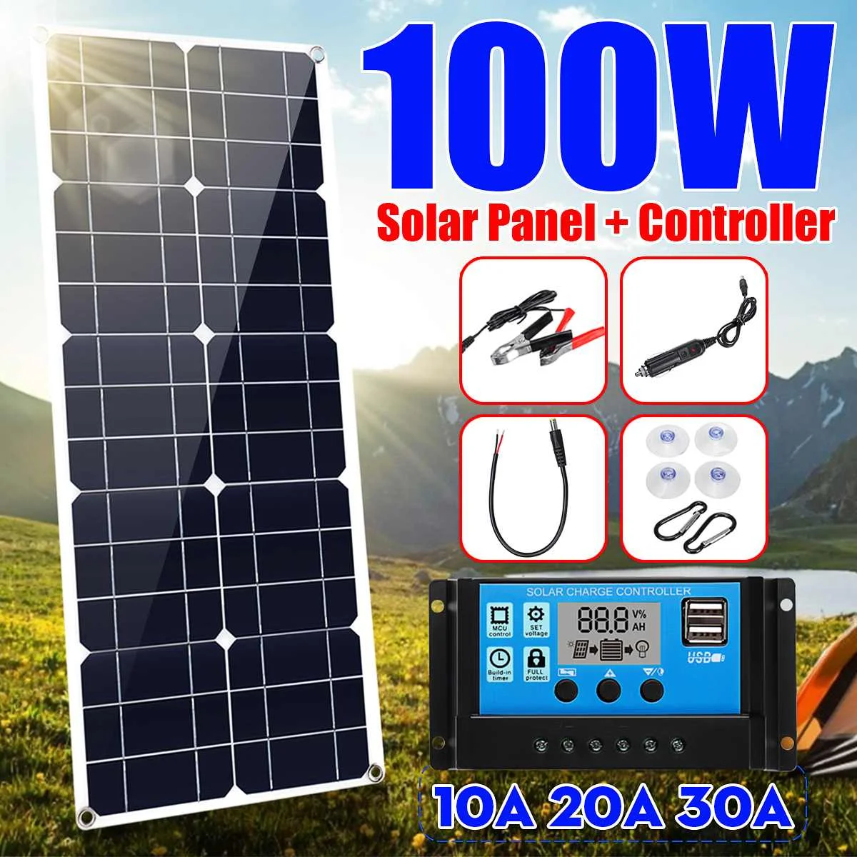 

100W 1 MonocrystalineSolar Panel Dual 12V/5V DC USB Charger Kit with 10A Solar Controller & Cables