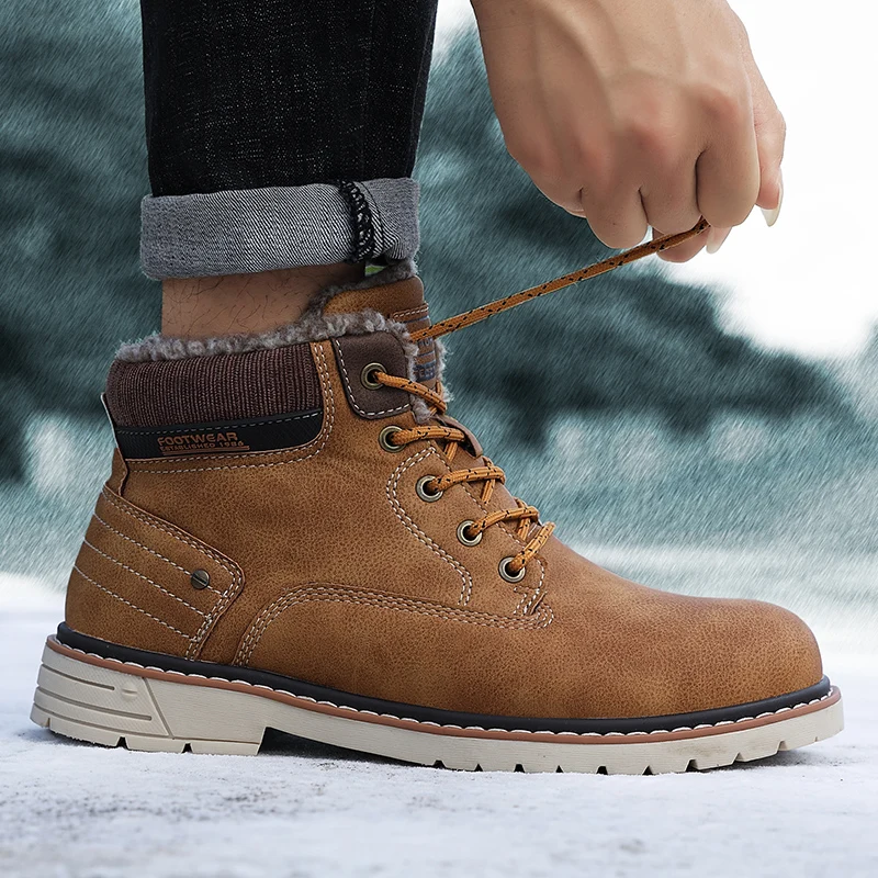 Мужские кожаные ботильоны зимние водонепроницаемые рабочие ботинки на меху