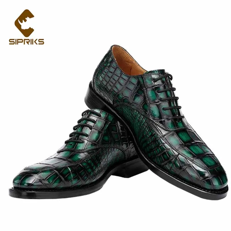 Sipriks Green Crocodile Skin Dress Oxofrds Shoes Of Men Luxury Handmade Goodyear Welted Shoes Boss Wedding Gents Suits Formal 46