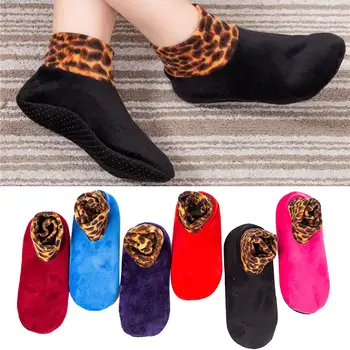 

Casual Cotton Socks Double Layer Women Girls Plush Lining Thick Slippers Leopard Patchwork Floor Socks