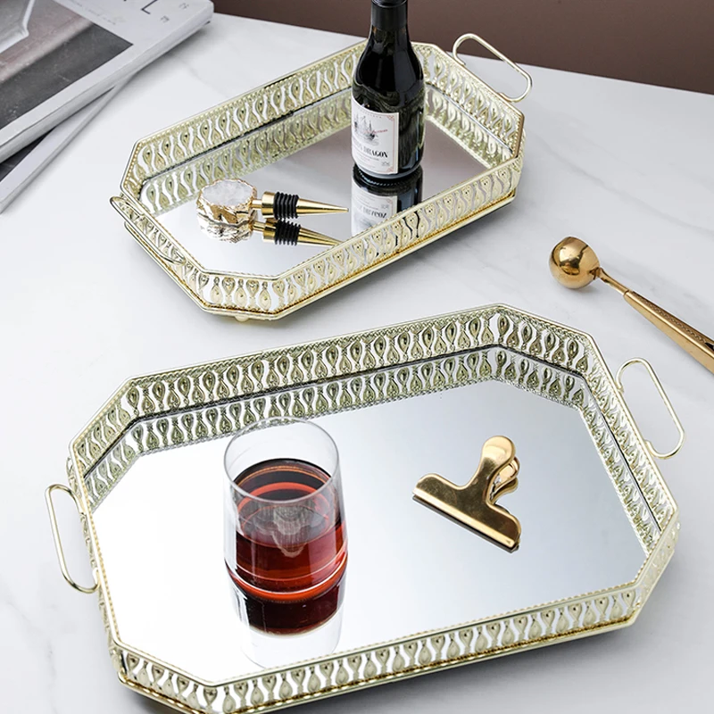 

Exquisite Mirror Glass Plate Gold-Plated Iron Storage Tray Household Decoration Food Container Practical Kitchen Organizer