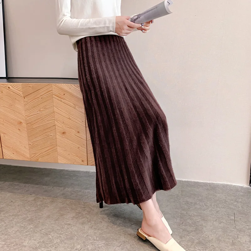 Women Skirts Korean Fashion Autumn Winter Thick Warm Knitted Skirts Stripped A-line Skirt Faux Mink Fur Knitting Midi Skirts