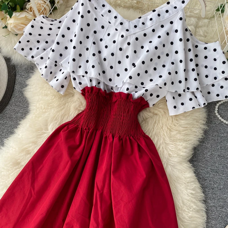 Boho Ruffles sexy Off shoulder polka dot print patchwork Summer short Dress Women slim waist dress casual a-line beach dress