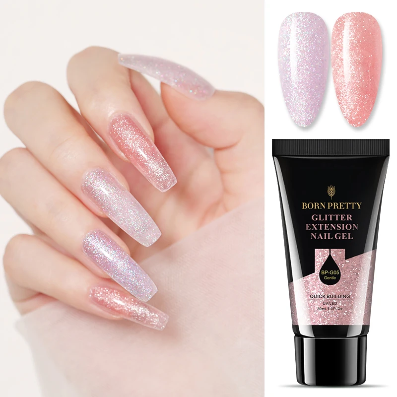 BORN PRETTY 30/20ml Glitter Acrylic Gel Finger Extension Silver Pink Extension Gel Soak Off Nail Art Gel Varnish