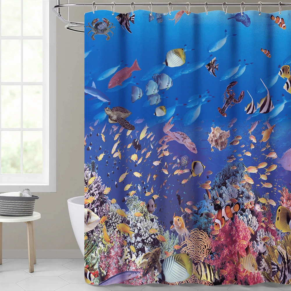 Nicetown World of Sea Printing Shower Curtain Bathroom Waterproof Polyester Shower Curtains for Bathroom Shower with 12pcs Hooks - Цвет: World of Sea