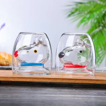 

2pcs Double-layer Glass Mug 200ml Animal Milk Coffee Juice Cup Blue & Red Rabbit Big Ears Dog Drinkware Decoration for Party
