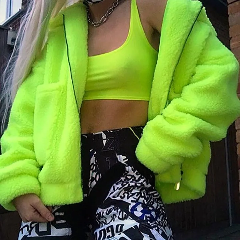 

BKLD 2019 Women Coats And Jackets Winter Loose Lamb Fur Coat Harajuku Streetwear Neon Green Jacket Female Fashion Autumn Coat