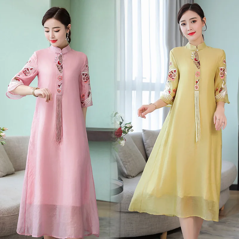 

Chinese-style Dress 2019 Spring And Summer New Style Retro Debutante Elegant Embroidery Mid-length over-the-Knee Ethnic-Style Sk