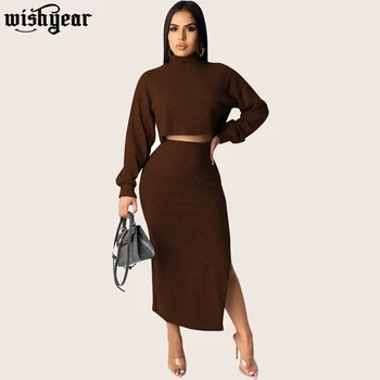 

Women Warm Two Piece Set Dress Turtleneck Long Sleeve Crop Top+ Casual Calf-Length Skirt Lace Up Maxi Dresses Elegant Suits