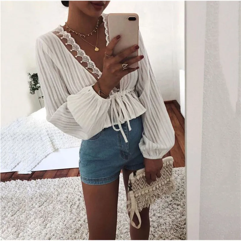 

Fashion Striped Lace Women Blouses White Sexy V Neck Lady Shirts OL Style Summer Shirts Long Sleeve Summer Top Female Vestidos